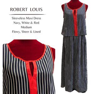 Robert Louis Women's Sleeveless Blouson Navy White & Red Maxi Dress- Medium NWT